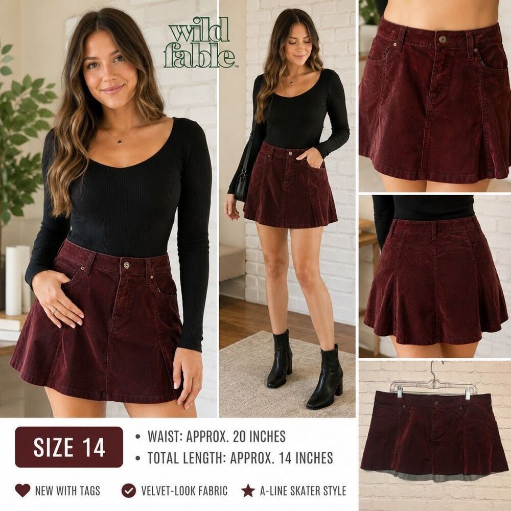 Wild Fable Mini Skirt Size 14 – Velvet-Look A-Line Skater Skirt